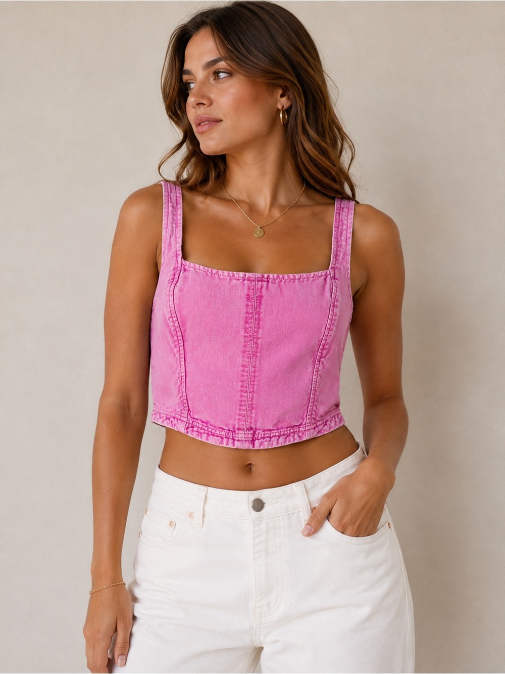 Pilcro Anthropologie Pink Denim Corset Crop Top Size Small Square Neck Y2K